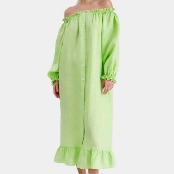Sleeper Lime Green Linen Midi Nightgown Dress Size Small - Picture 2 of 10